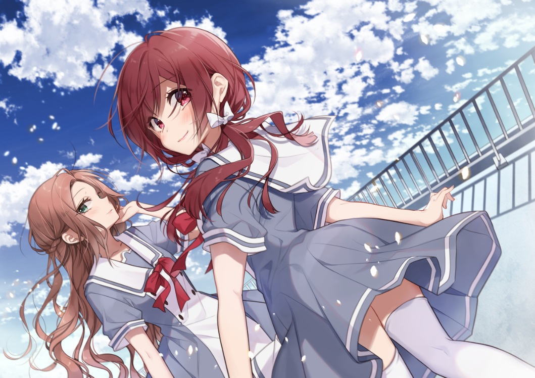 2girls, braids, brown_hair, clouds, dress, green_eyes, long_hair, original
