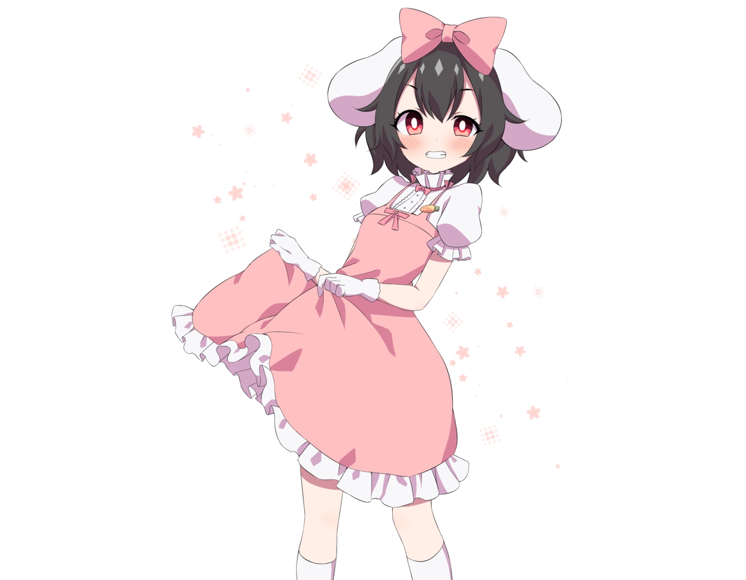 animal_ears, black_hair, blush, bow, bunny_ears, bunnygirl, dress, gloves, inaba_tewi, kneehighs, red_eyes, short_hair, skirt_lift, touhou, tsukimirin, white
