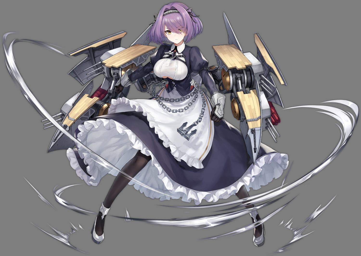 anthropomorphism, apron, azur_lane, chain, gloucester_(azur_lane), gloves, headband, maid, mechagirl, pantyhose, purple_hair, short_hair, tagme_(artist), transparent, weapon, yellow_eyes