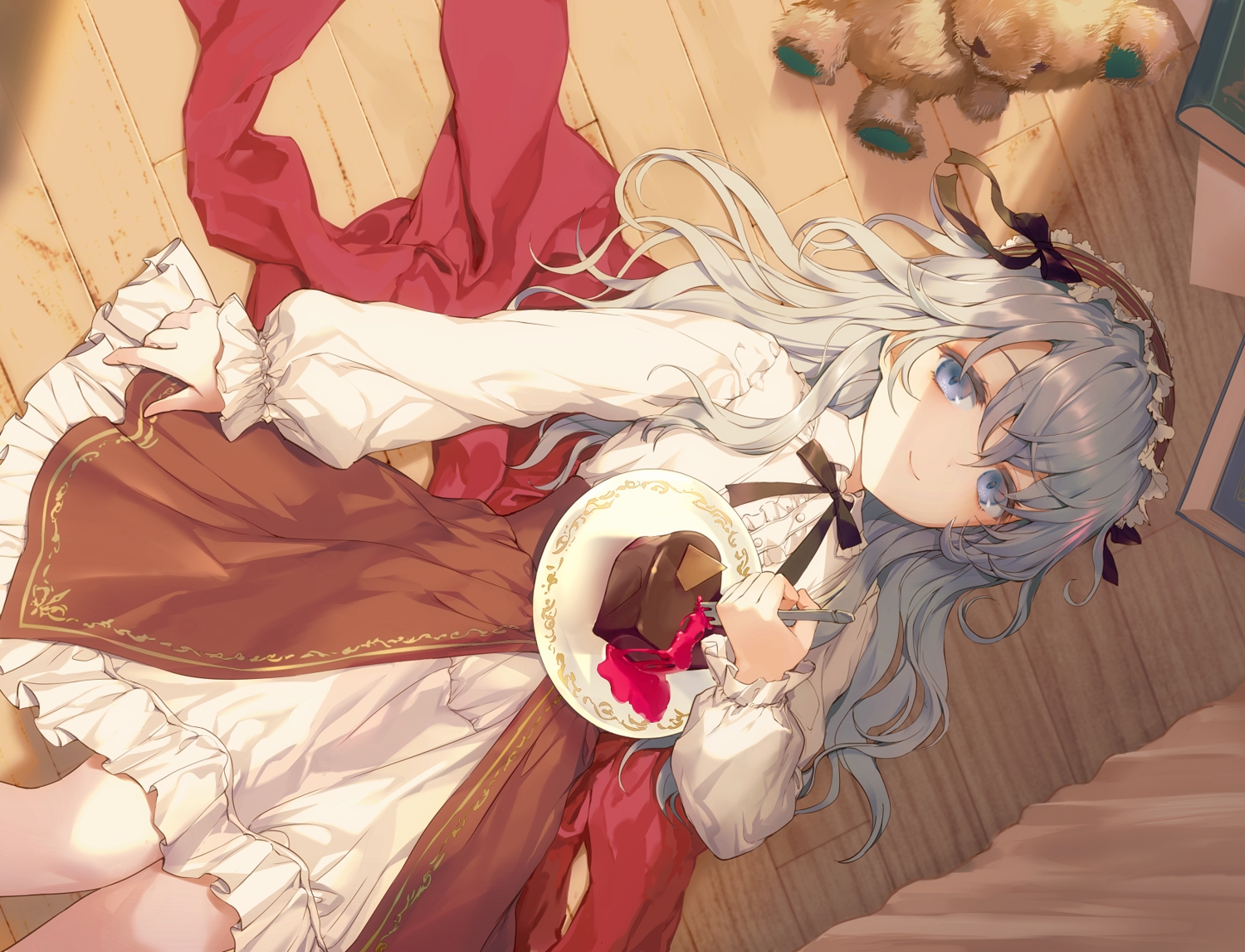 blue_eyes, book, bow, cake, dress, food, goth-loli, gray_hair
