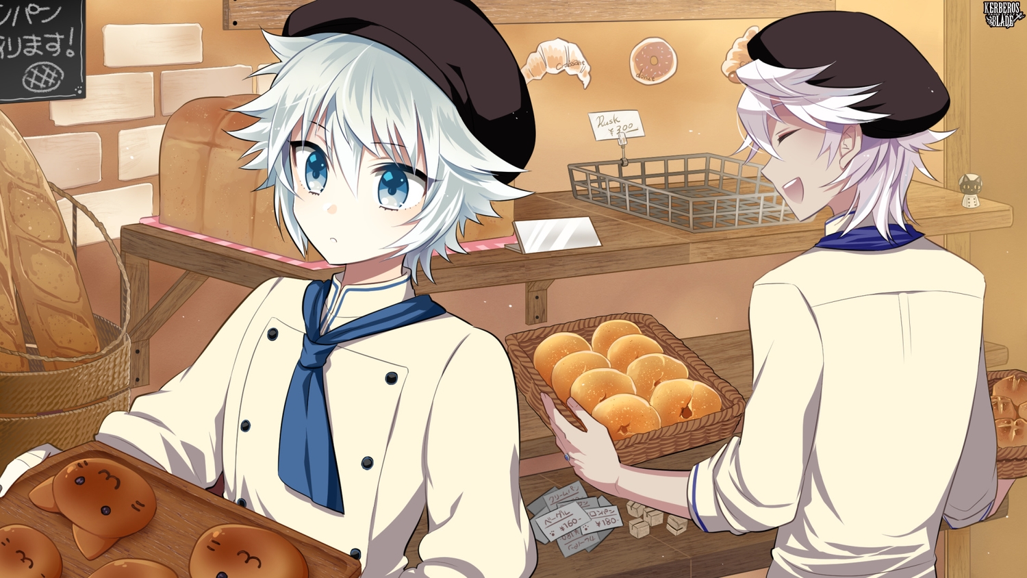 all_male, blue_eyes, dark_skin, food, gray_hair, hat, kerberos_blade, l_(matador), logo, male, short_hair, uniform, white_hair