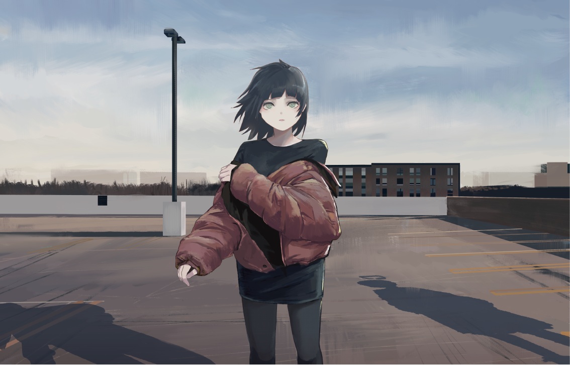 black_hair, building, gray_eyes, kgt_(pixiv12957613), original, rooftop, scenic, short_hair