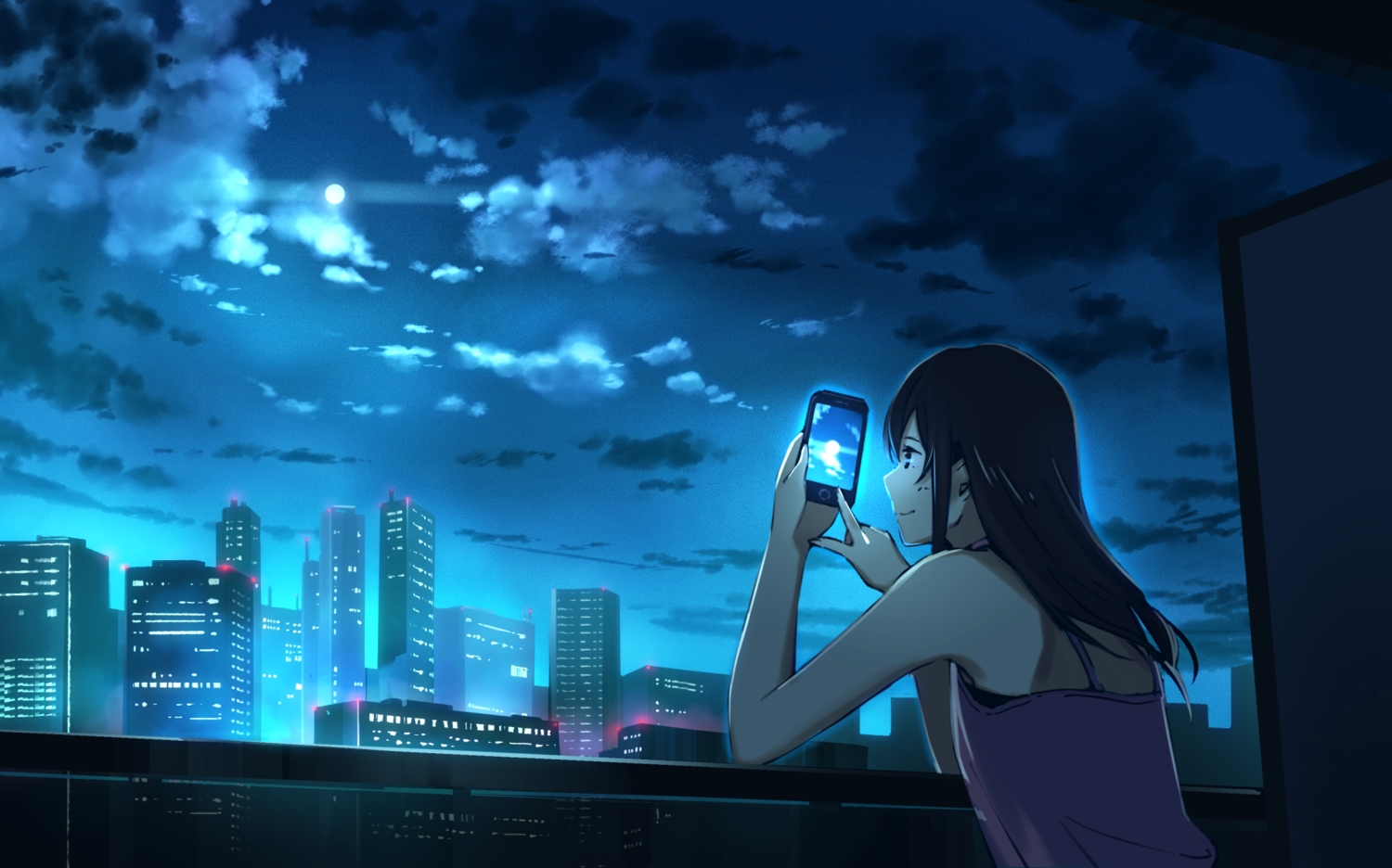 building, city, clouds, mamigo, moon, night, original, phone, sky