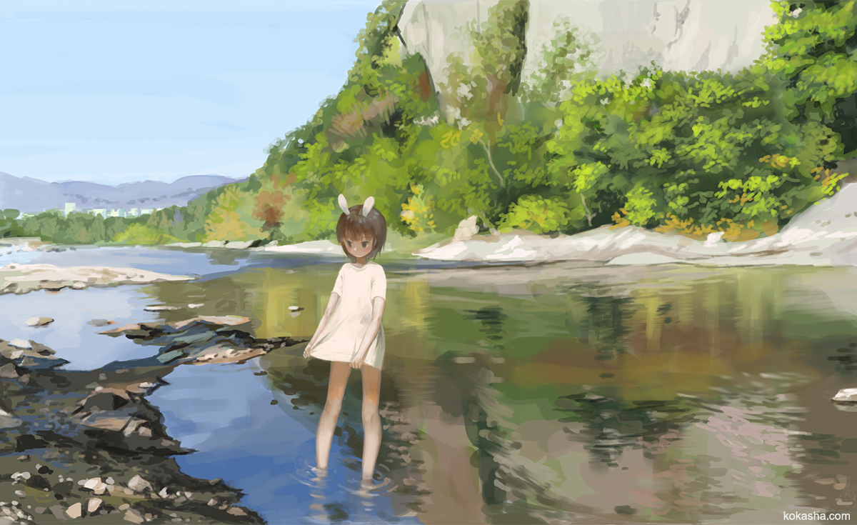 animal_ears, bunny_ears, bunnygirl, kouka_(mrakano5456), original, scenic, water, watermark