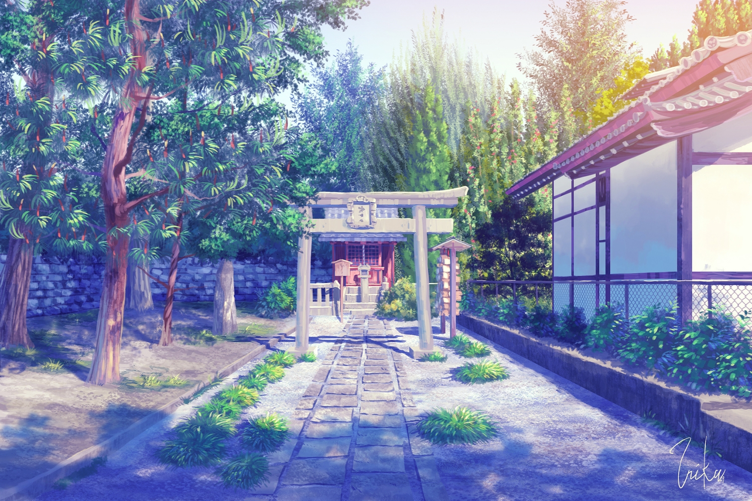 building, inika, no_humans, original, scenic, shrine, signed, torii