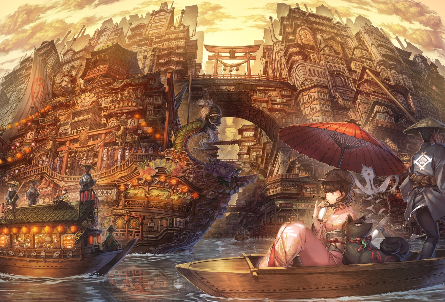 animal, asano_shiki, black_hair, blush, boat, building, butterfly, city