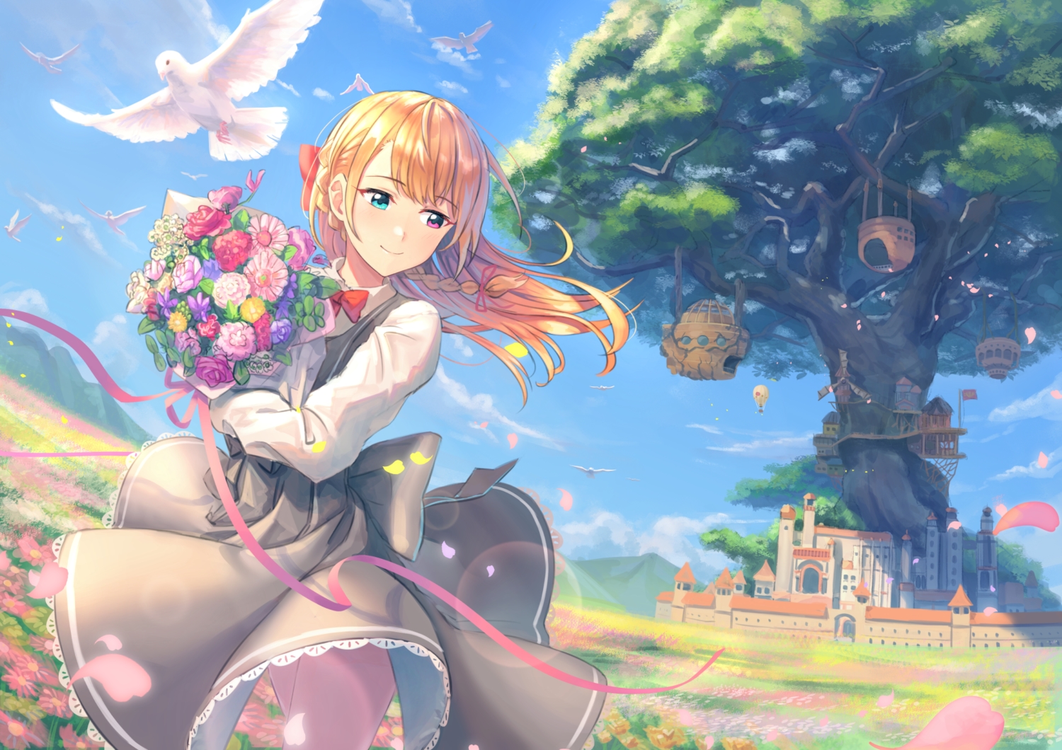 bicolored_eyes, blush, building, clouds, flowers, kurageso, long_hair, orange_hair