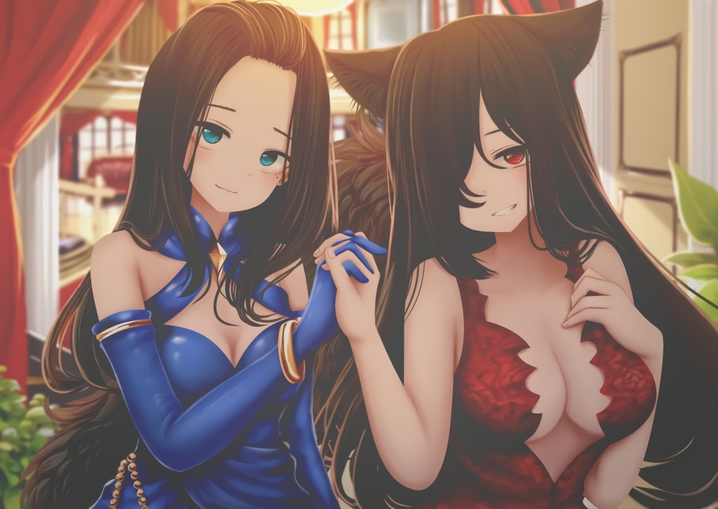 2girls, animal_ears, blue_eyes, breast_hold, breasts, brown_hair, cleavage, elbow_gloves
