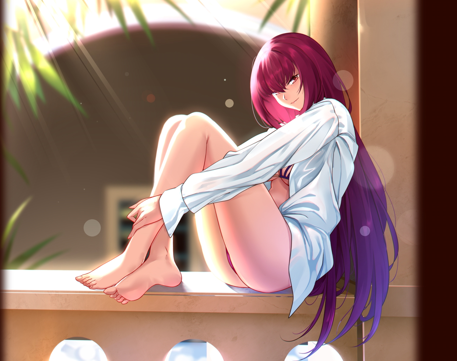 barefoot, bikini, cropped, fate/grand_order, fate_(series), long_hair, open_shirt, scathach_(fate/grand_order), shijie_jianfa, shirt, swimsuit