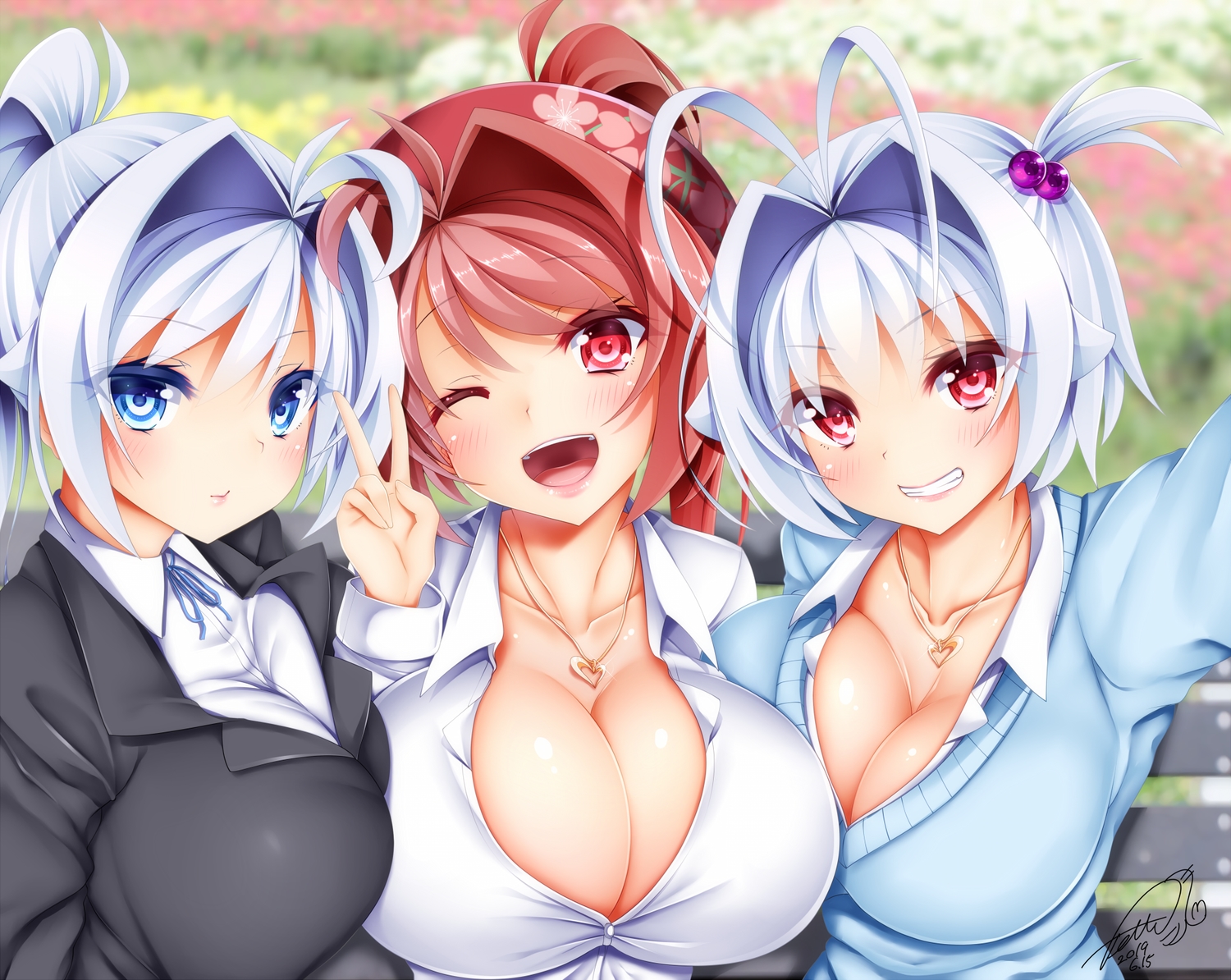 blue_eyes, blush, breasts, cleavage, close, hat, jotti, necklace, original, red_eyes, reimusan_(jotti), sakurako_(jotti), school_uniform, shirt, short_hair, signed, urako_(jotti), wink