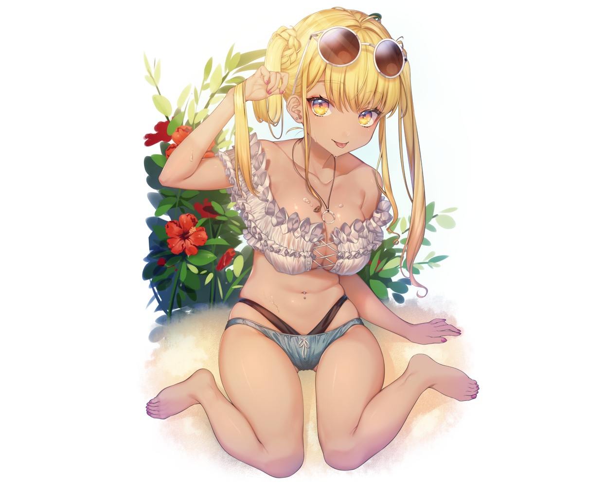 barefoot, blonde_hair, braids, breasts, cleavage, dark_skin, flowers, leaves, long_hair, navel, necklace, original, sourenkio, sunglasses, twintails, yellow_eyes