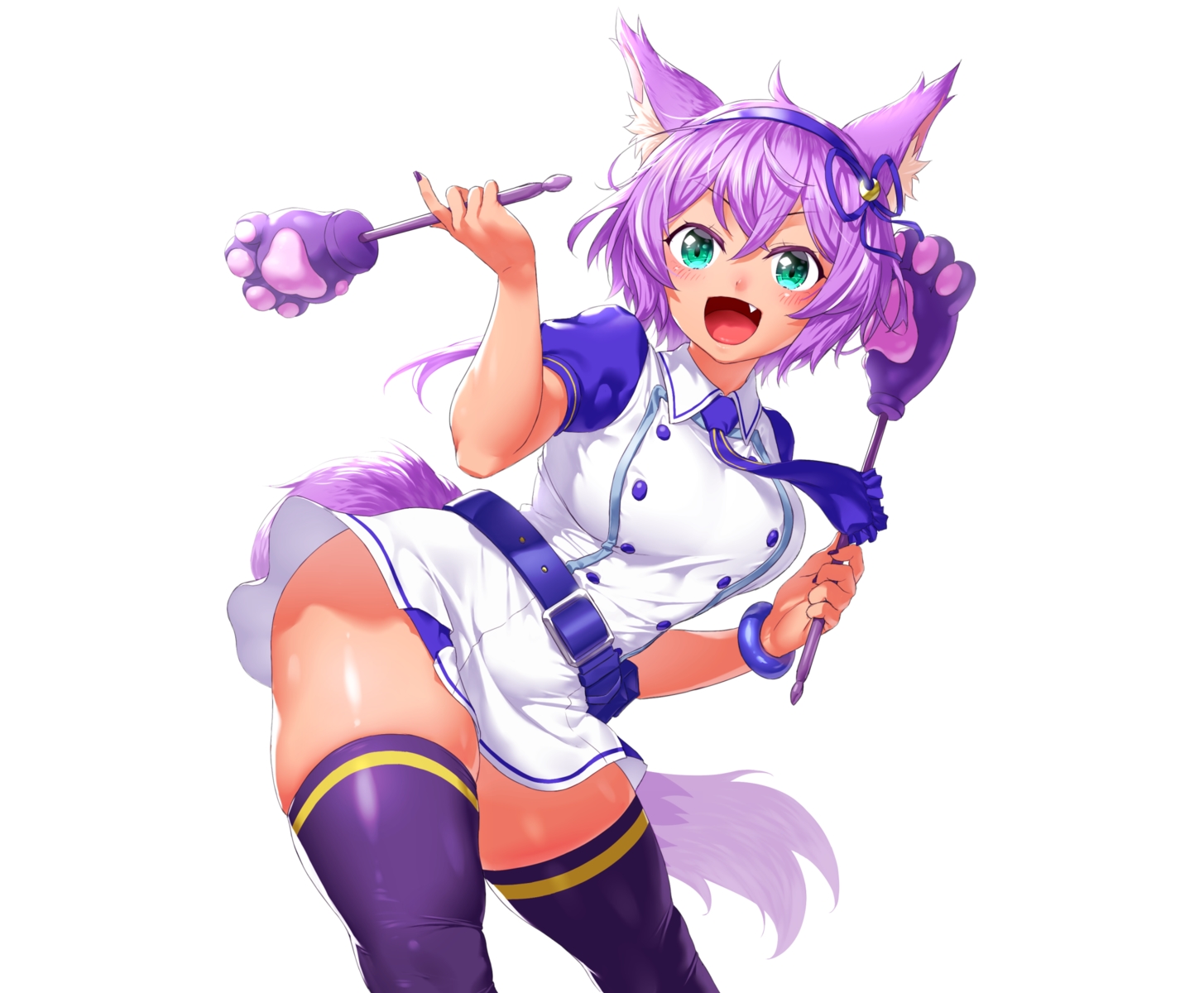 animal_ears, blush, dark_skin, dress, fang, green_eyes, headband, onsoku_inu, purple_hair, ruhuyu_(show_by_rock!!), short_hair, show_by_rock!!, tail, thighhighs, tie, uniform, white, wolfgirl, wristwear