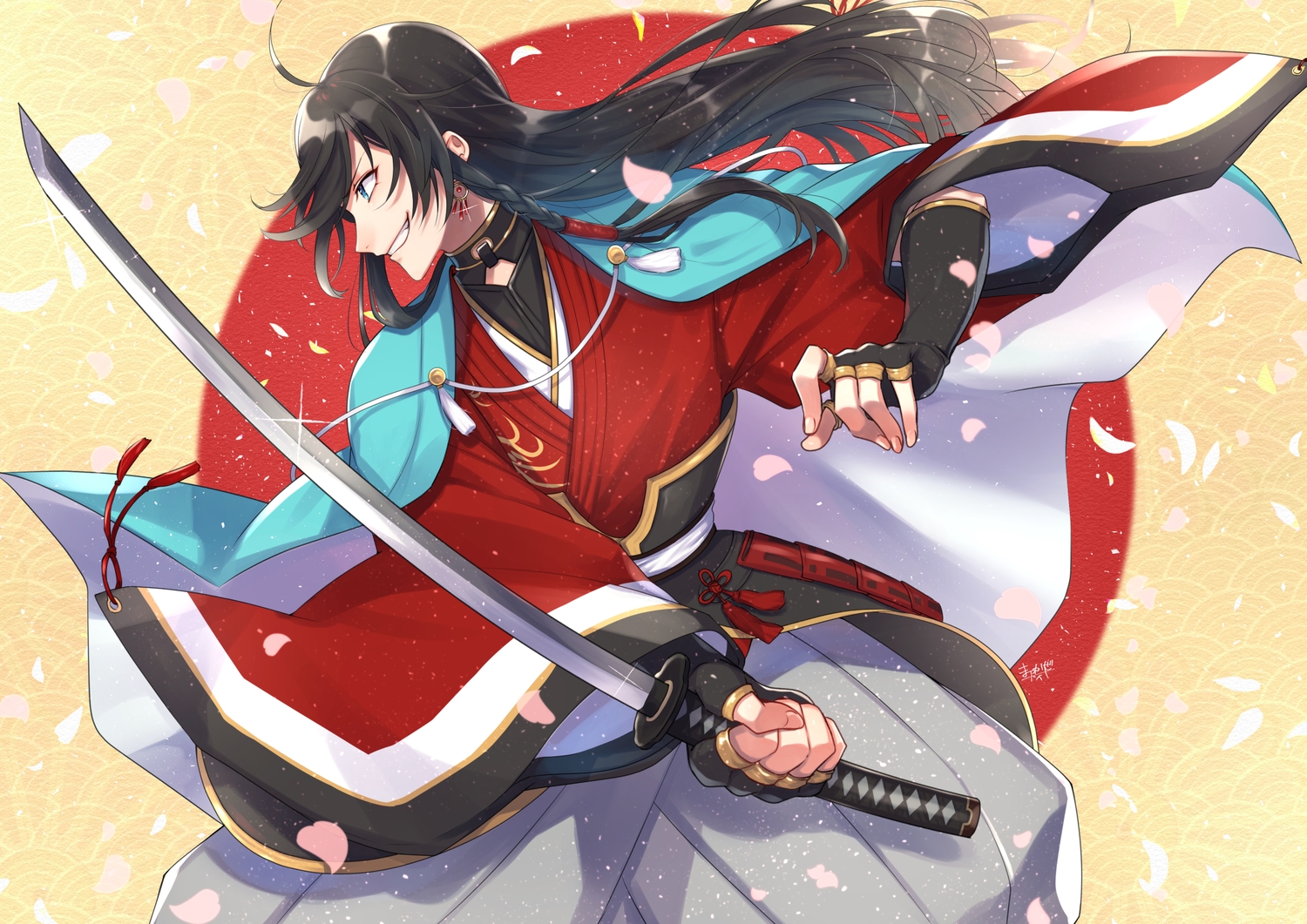 all_male, anthropomorphism, aqua_eyes, black_hair, braids, cape, elbow_gloves, gloves, izumi-no-kami_kanesada, japanese_clothes, katana, kishinaito, long_hair, male, petals, sword, touken_ranbu, weapon