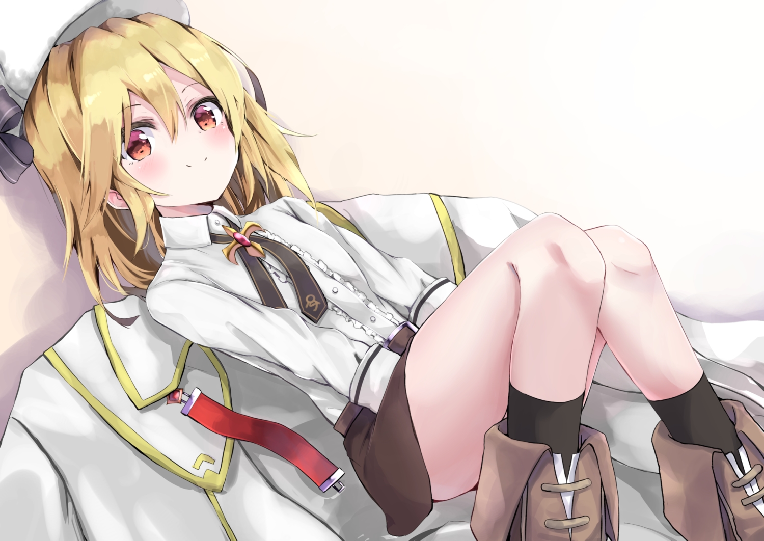 amano_kouki, anthropomorphism, blonde_hair, boots, girls_frontline, hat, kneehighs, nagant_revolver