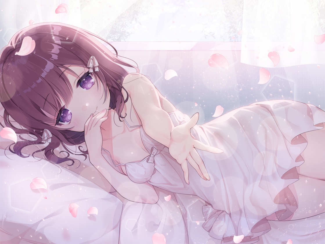 bed, blush, breasts, brown_hair, cleavage, dress, original, pajamas