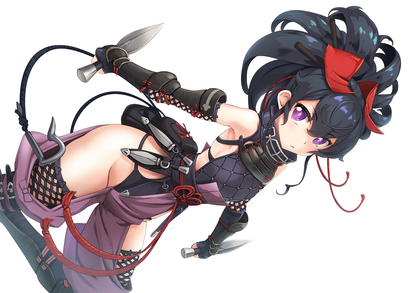 armor, black_hair, elbow_gloves, gloves, knife, ninja, original, ponytail