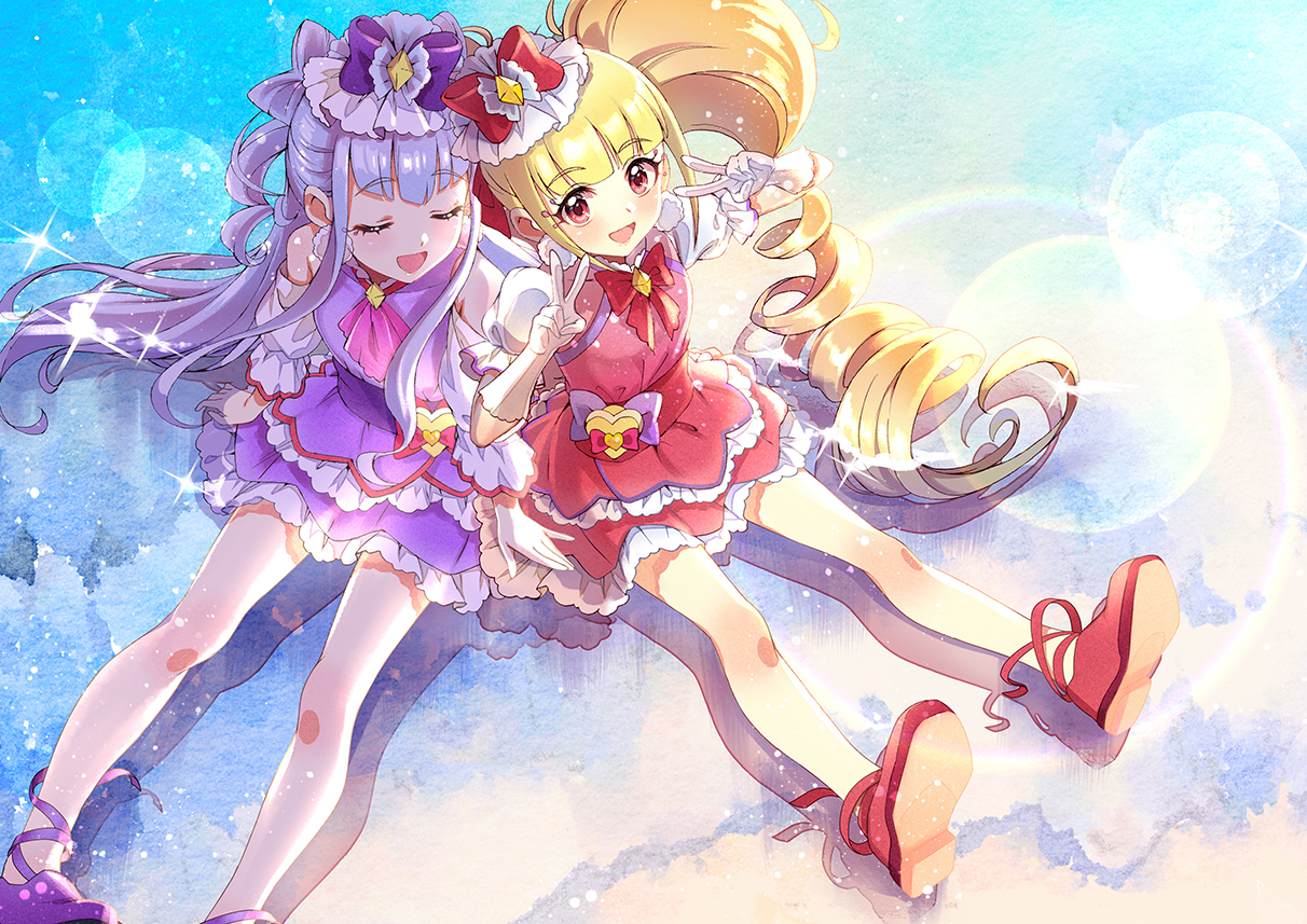 2girls, aisaki_emiru, amour_ruru, blonde_hair, hugtto_precure, long_hair, precure, purple_hair