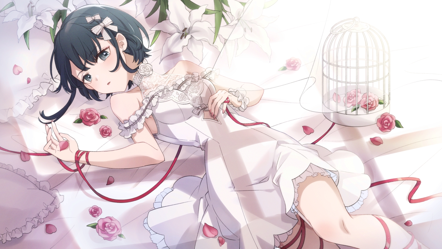 black_eyes, black_hair, flowers, orginal, original, rose, short_hair, toyama572