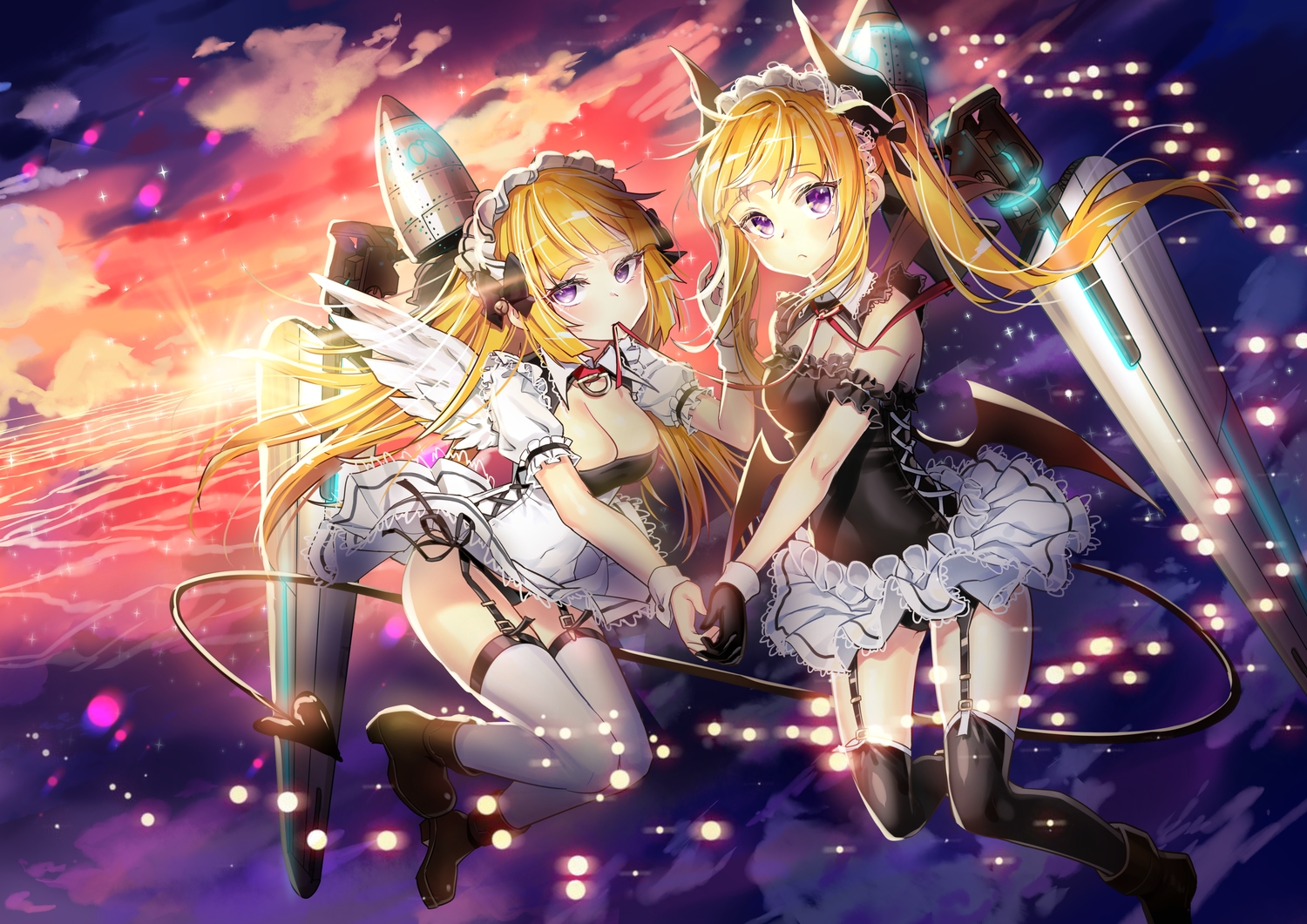 2girls, anthropomorphism, ash_arms, dress, garter_belt, goyain, lockheed_p-38f_lightning_(ash_arms), panties, twins, underwear
