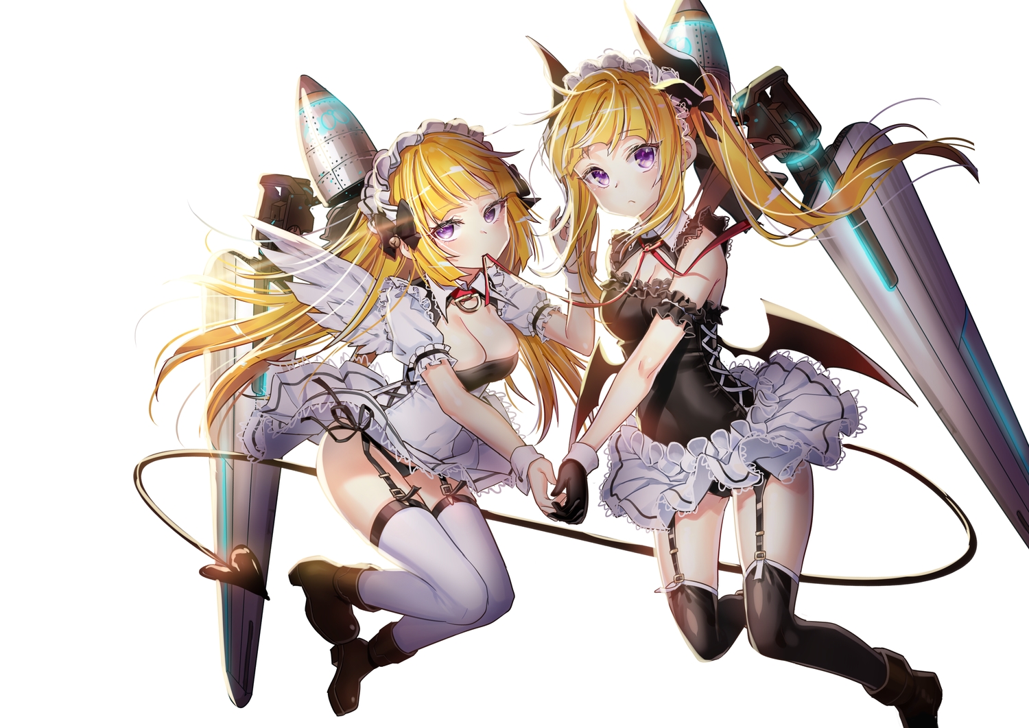 2girls, anthropomorphism, ash_arms, dress, garter_belt, goyain, lockheed_p-38f_lightning_(ash_arms), panties