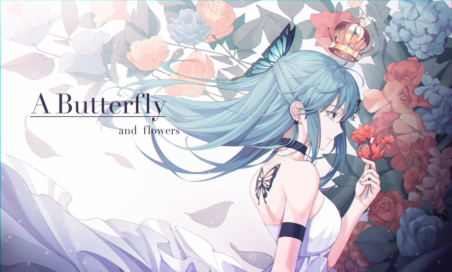 butterfly, crown, flowers, long_hair, original, signed, soli_(pouiliuoq_soli)