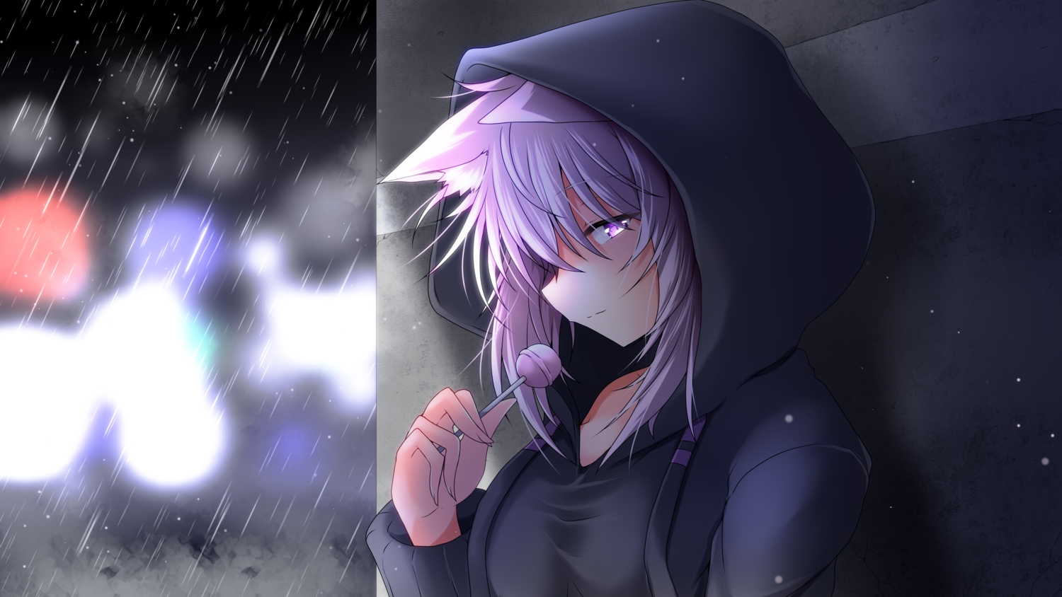 animal_ears, candy, g_(desukingu), hololive, lollipop, nekomata_okayu, rain, water