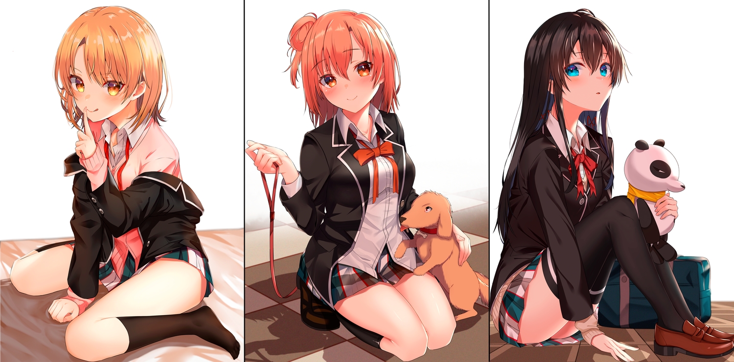 animal, bow, dog, isshiki_iroha, jun_(540000000000000), kneehighs, long_hair, school_uniform