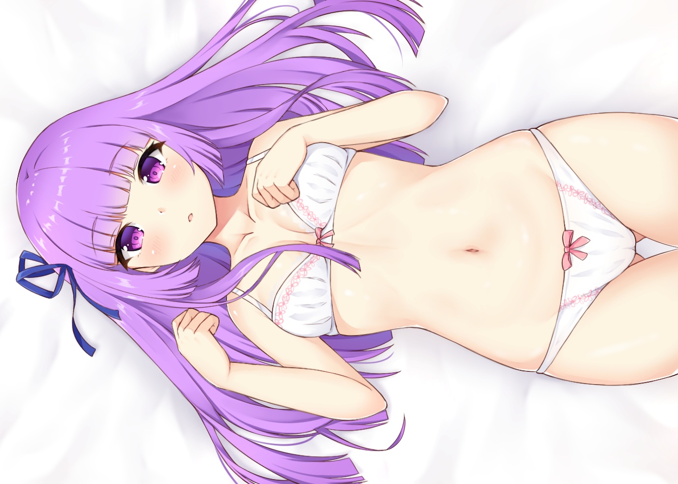 aikatsu!, blush, bra, breast_hold, cameltoe, hikami_sumire, long_hair, panties