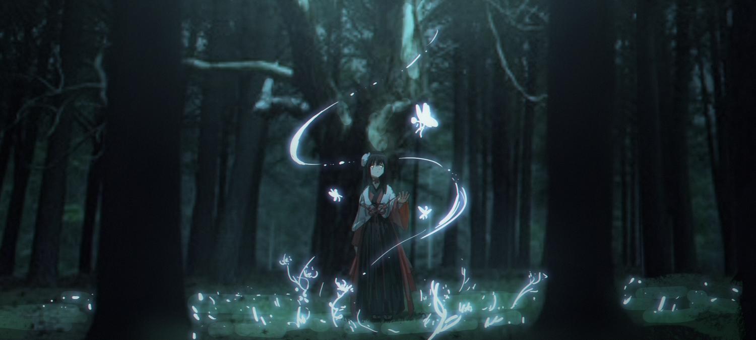black_hair, dark, fairy, forest, japanese_clothes, long_hair, magic, manha_utsutsuki, original, tree