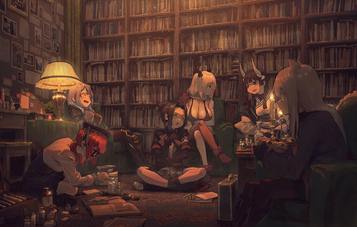 animal_ears, book, breasts, brown_eyes, brown_hair, cleavage, glasses, gloves, gray_hair, group, hat, horns, long_hair, manha_utsutsuki, original, pixiv_fantasia, purple_hair, twintails, white_hair, yellow_eyes
