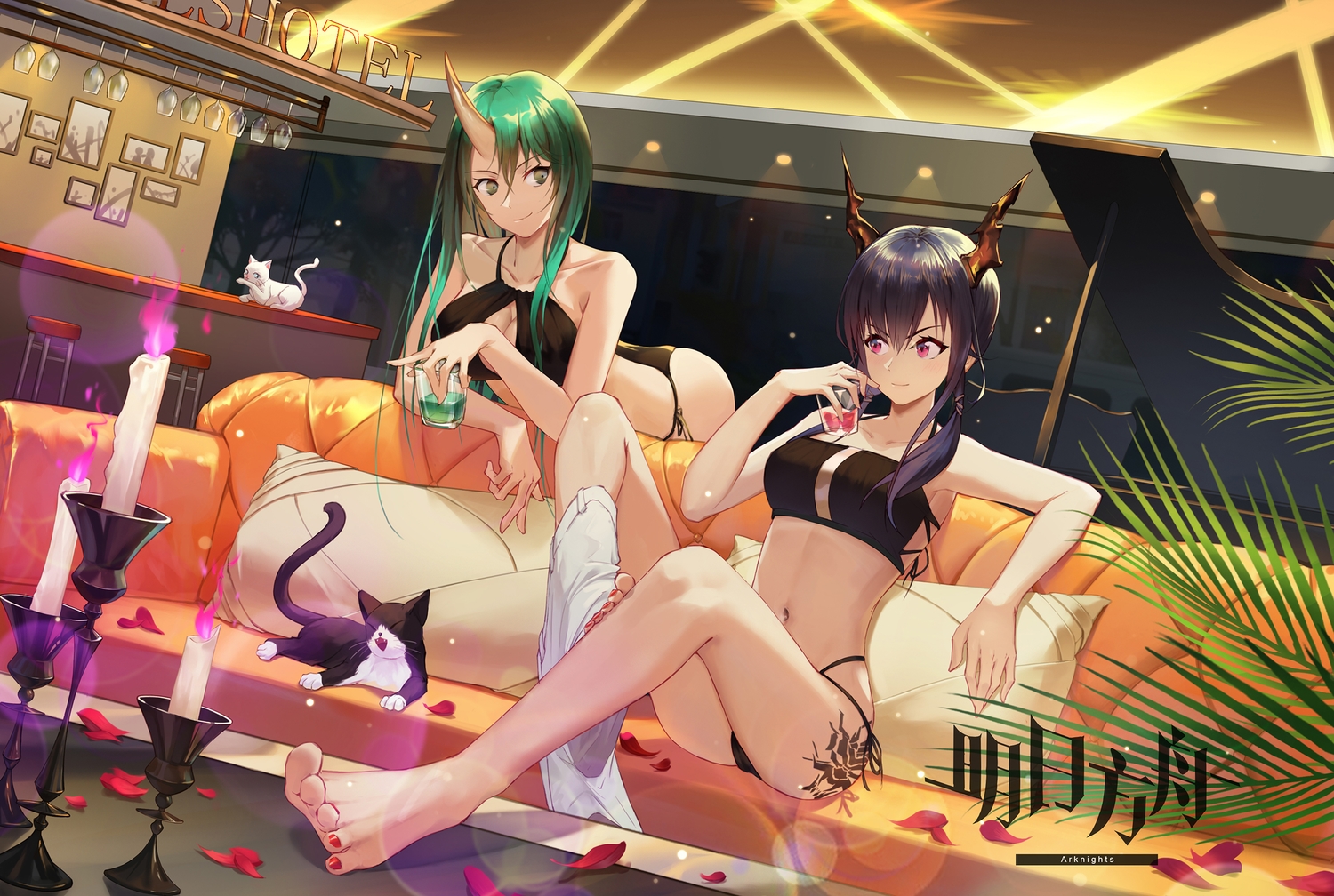 2girls, animal, arknights, barefoot, cat, ch'en_(arknights), couch, green_eyes, green_hair, horns, hoshiguma_(arknights), instrument, logo, long_hair, moon_(1634142372), navel, piano, pink_eyes, purple_hair, tattoo, twintails