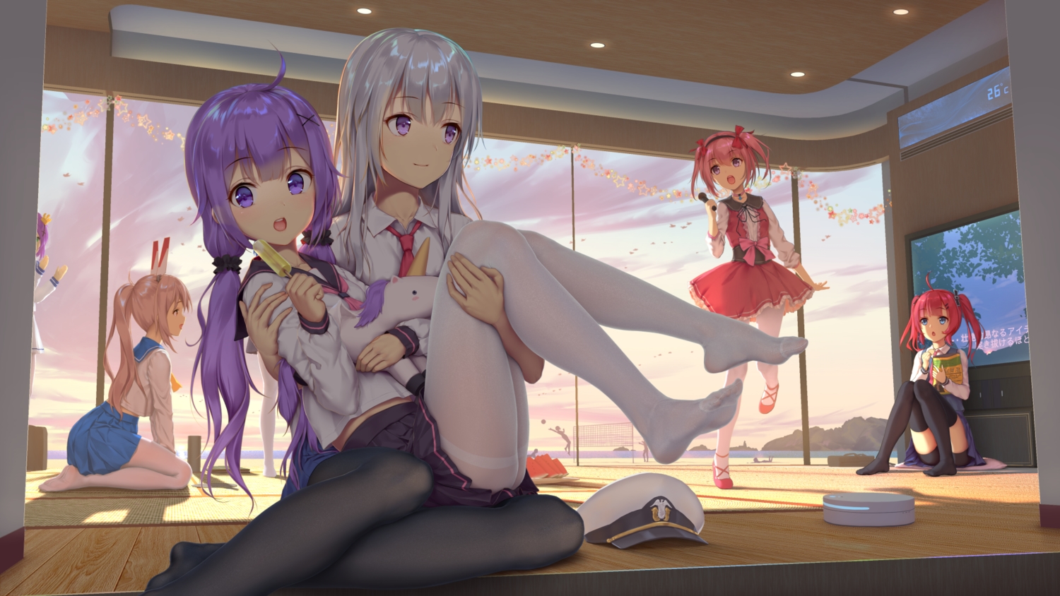 anthropomorphism, ayanami_(azur_lane), azur_lane, blonde_hair, enterprise_(azur_lane), food, gray_hair, green_eyes