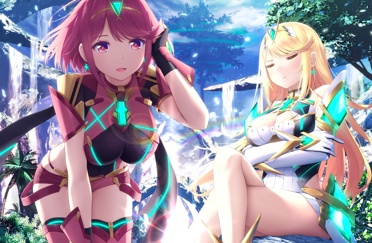 2girls, blonde_hair, breast_hold, breasts, cleavage, elbow_gloves, gloves, haribote_(tarao), hikari_(xenoblade), homura_(xenoblade), long_hair, purple_eyes, purple_hair, short_hair, shorts, thighhighs, water, waterfall, xenoblade