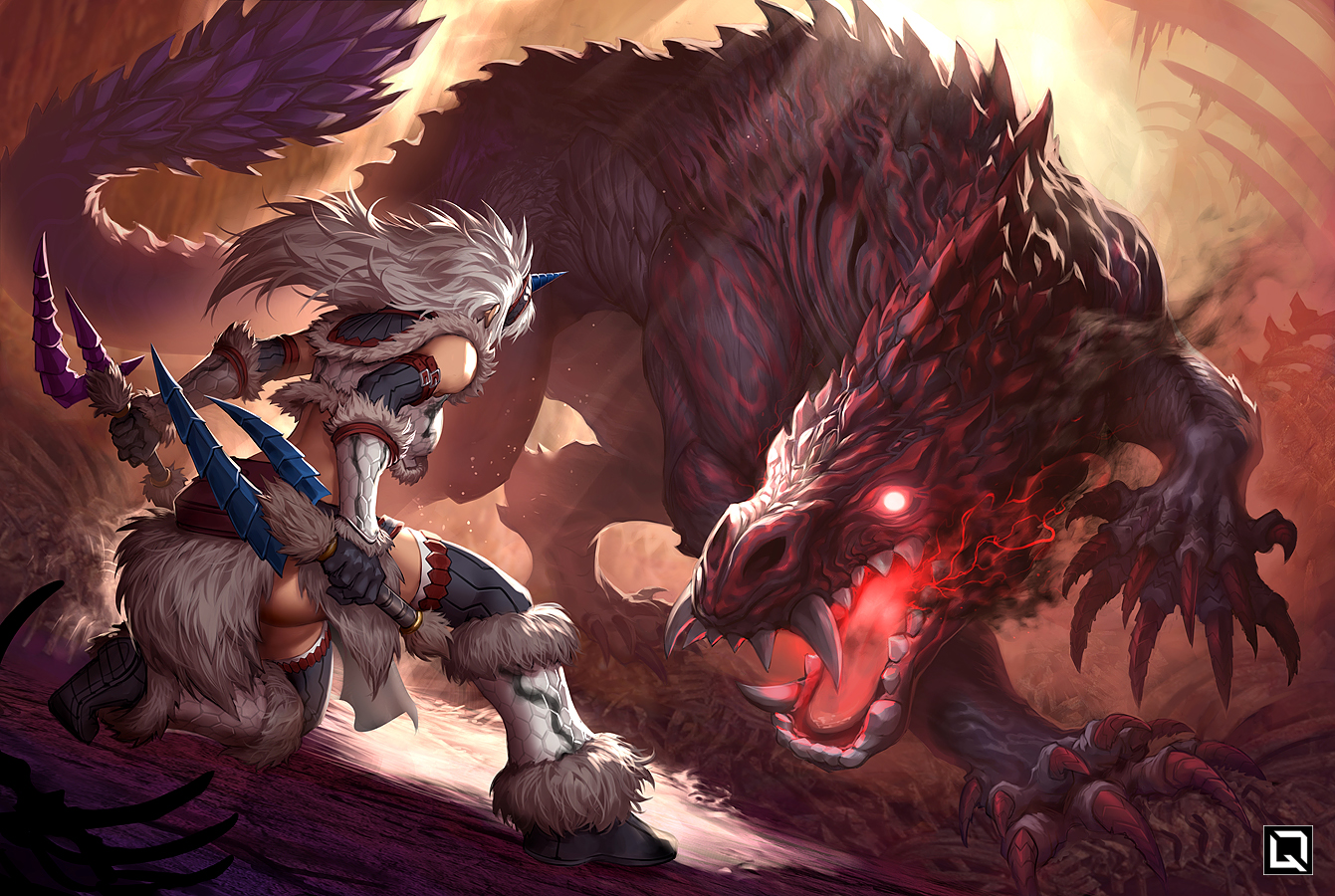 boots, gloves, gray_hair, headband, horns, kirin_(armor), kuroi-tsuki, long_hair, monster_hunter, monster_hunter:_world, odogaron, watermark, weapon