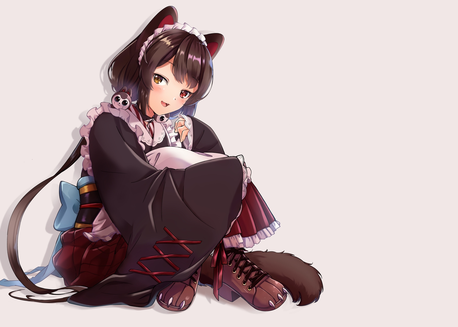 animal_ears, apron, bicolored_eyes, blush, boots, cat_smile, collar, doggirl, fang, inui_toko, japanese_clothes, kimono, maid, nijisanji, spoon_(tamakakama), tail