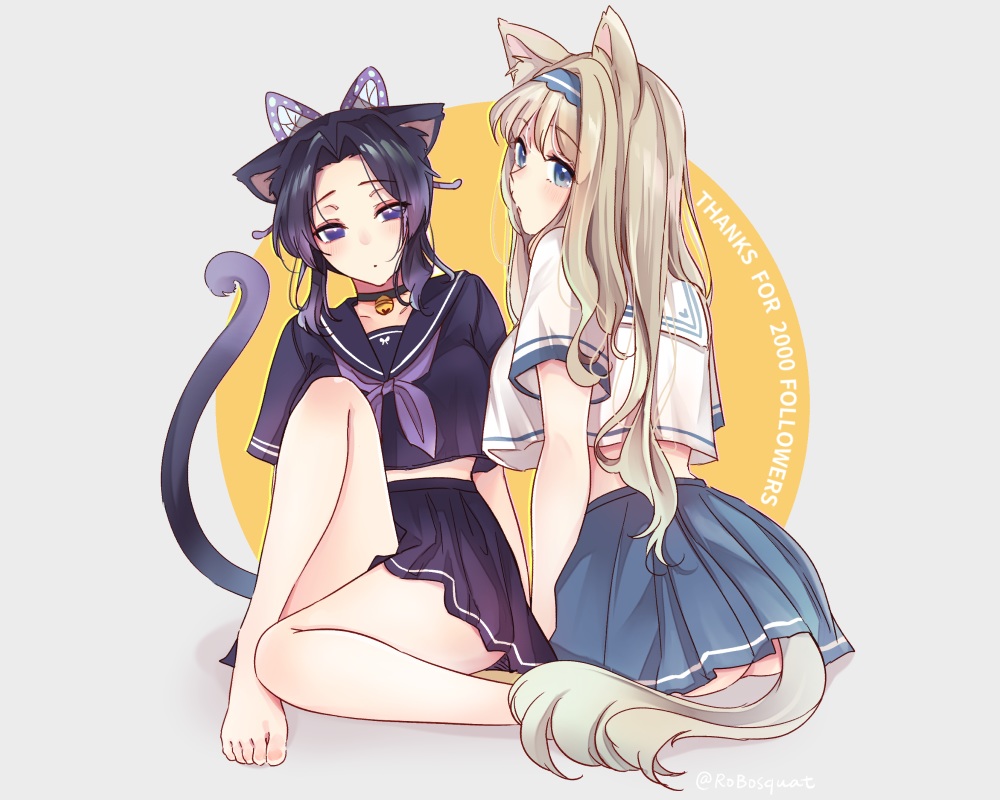 2girls, animal_ears, barefoot, bell, black_hair, blonde_hair, blue_eyes, catgirl, collar, crossover, darling_in_the_franxx, headband, kimetsu_no_yaiba, kochou_shinobu, kokoro_(darling_in_the_franxx), kyarotto_(zenkixd), long_hair, purple_eyes, school_uniform, short_hair, tail