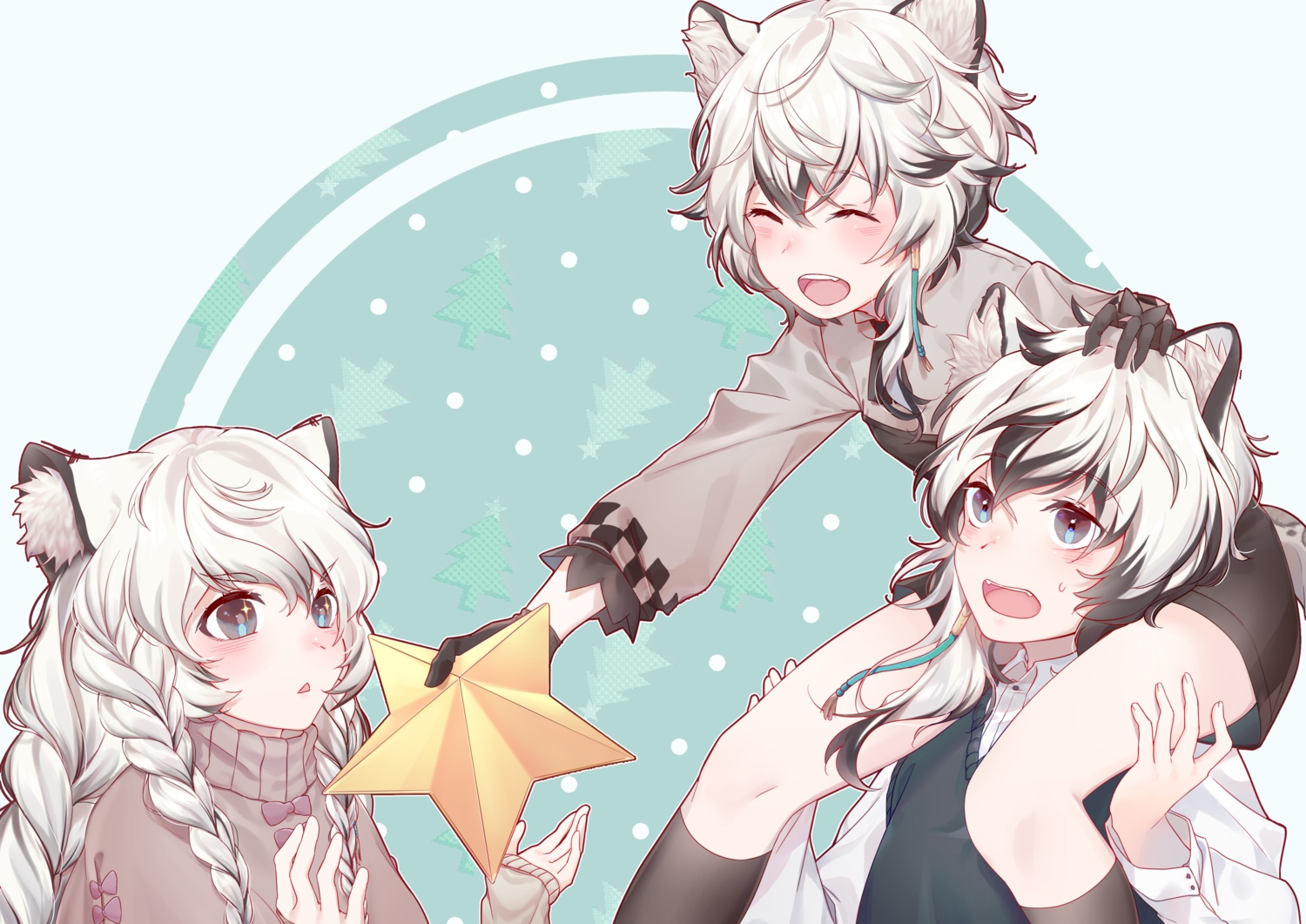 animal_ears, arknights, blue_eyes, blush, braids, catboy, catgirl, christmas