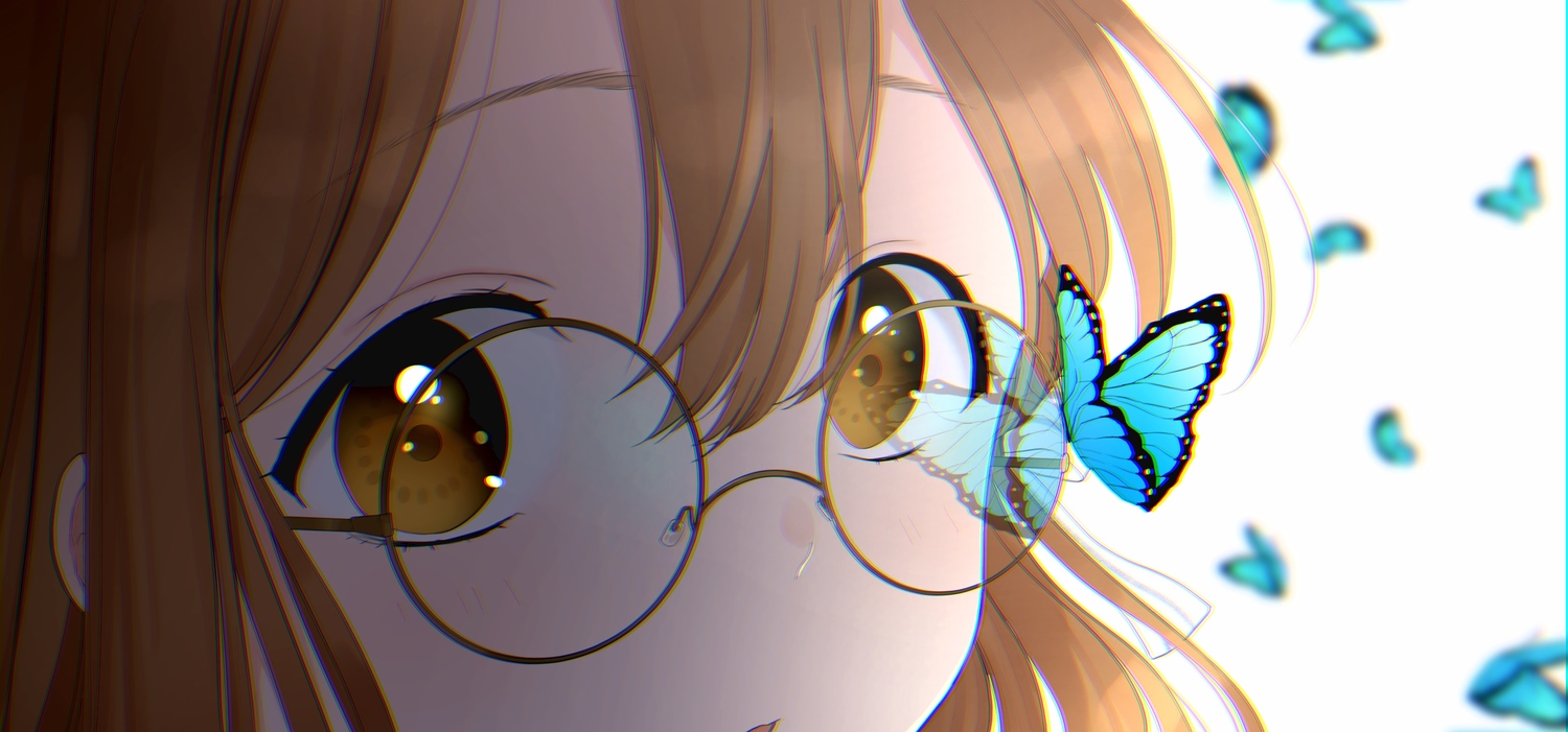 brown_eyes, brown_hair, butterfly, close, glasses, kazehana_(spica), kunikida_hanamaru, love_live!_school_idol_project