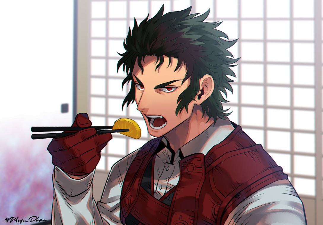 all_male, black_hair, fate/grand_order, fate_(series), food, gloves, hijikata_toshizou_(fate), male, meiji_ken, red_eyes, shirt, short_hair, signed