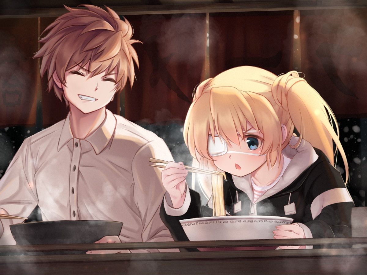 blonde_hair, blue_eyes, brown_hair, eyepatch, food, hood, long_hair, male