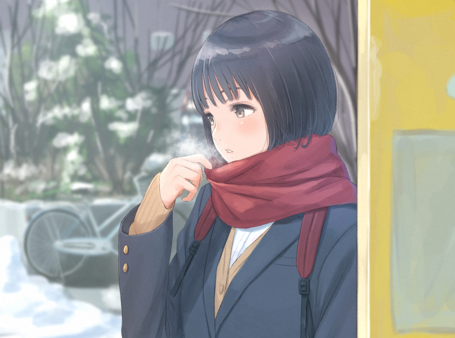 bicycle, black_hair, blush, brown_eyes, kyak_bamboo, original, scarf, school_uniform, short_hair, snow, winter