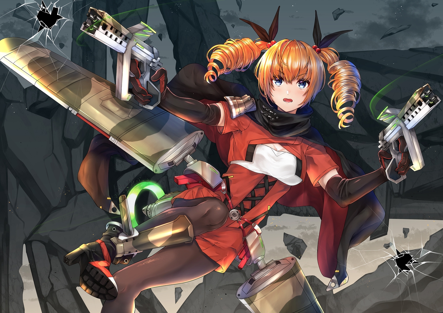 anthropomorphism, ash_arms, blue_eyes, boots, elbow_gloves, gloves, gun, hawker_hurricane_mk.1_(ash_arms), mechagirl, mogamitoki, no_bra, orange_hair, pantyhose, scarf, twintails, weapon