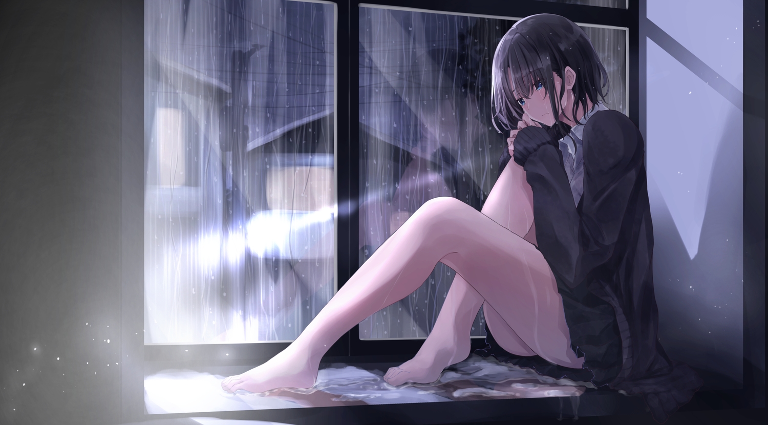 barefoot, black_hair, blue_eyes, building, fuu_(fuore), original, rain, short_hair