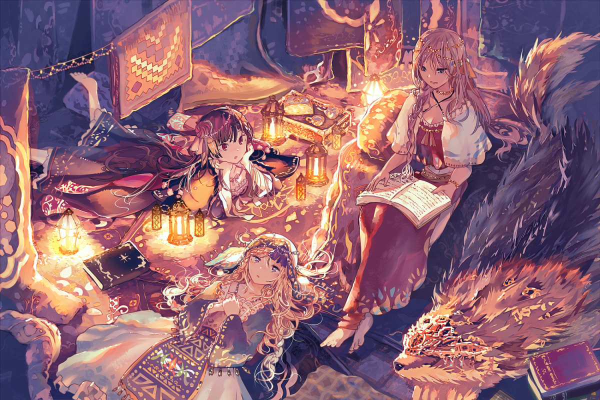 animal, barefoot, blonde_hair, book, braids, brown_hair, dress, inaeda_kei