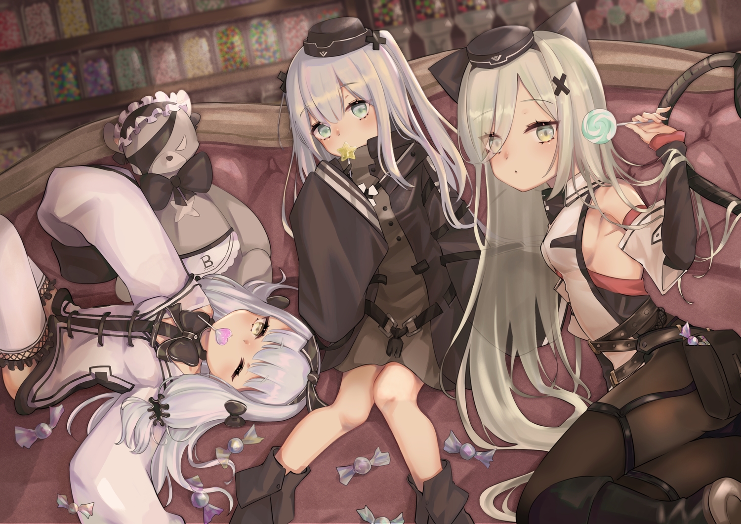 88_flak_(ash_arms), animal_ears, anthropomorphism, ash_arms, ass, candy, catgirl, couch
