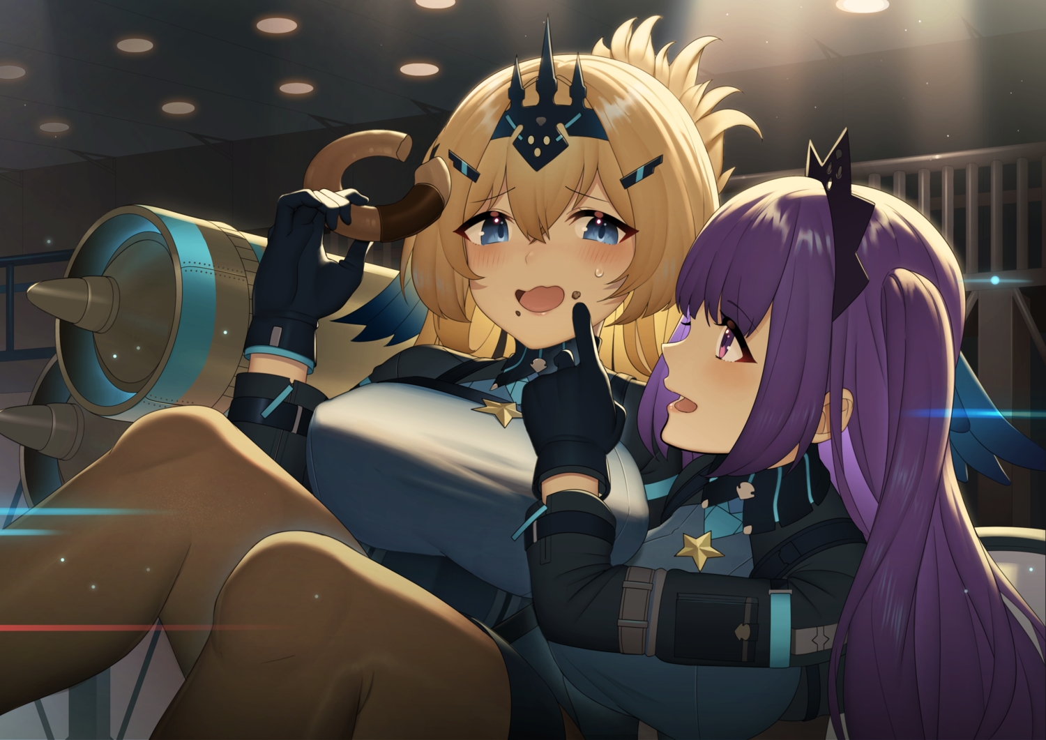2girls, anthropomorphism, ash_arms, b-17_flying_fortress_(ash_arms), b-24_liberator_(ash_arms), blonde_hair, food, garter