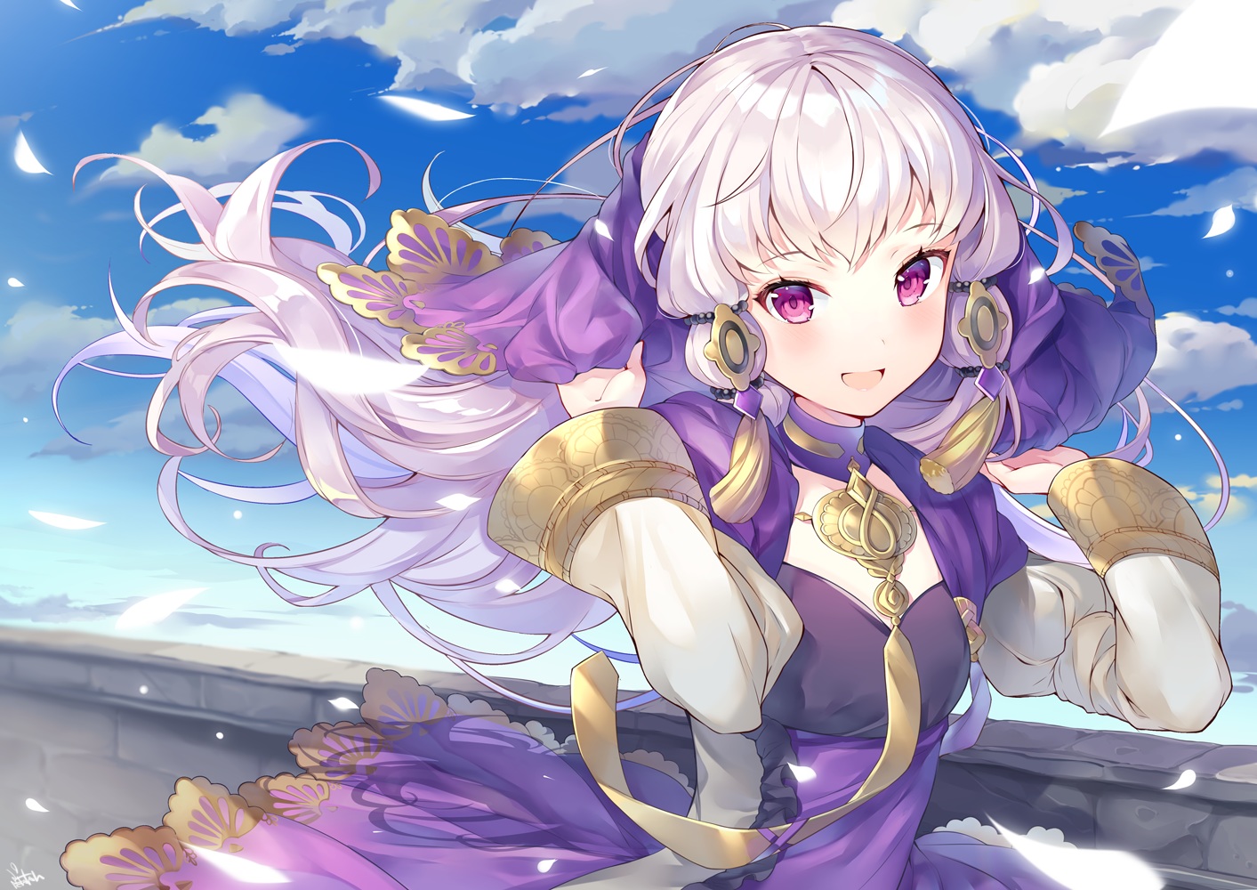 clouds, dress, fire_emblem, long_hair, lysithea_von_ordelia, purple_eyes, ringozaka_mariko, sky, white_hair
