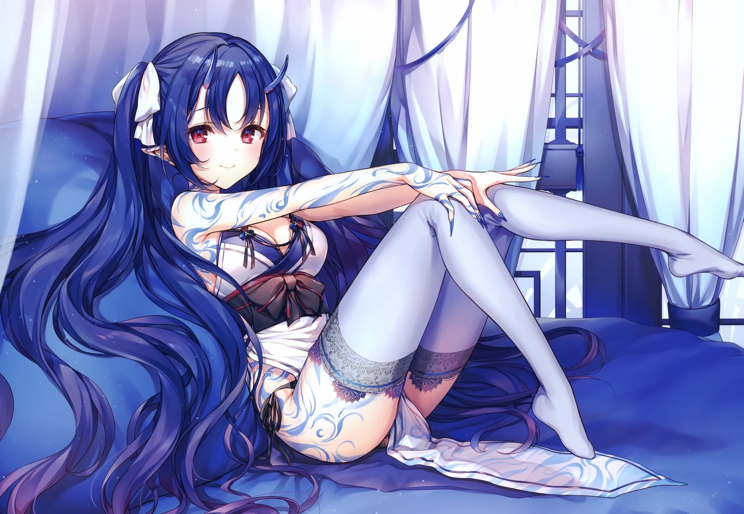 blue_hair, breasts, cleavage, demon, horns, komeshiro_kasu, long_hair, original