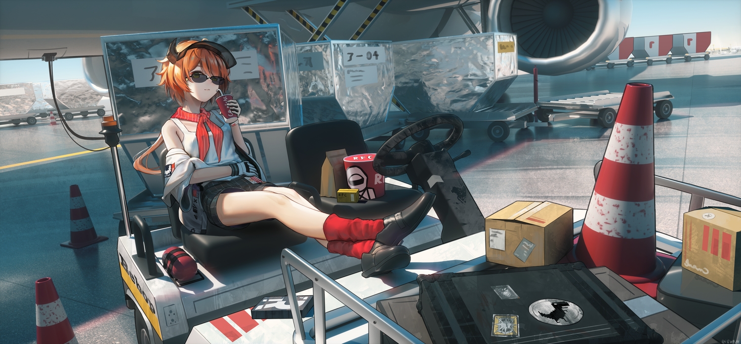 arknights, croissant_(arknights), even_(even_yiwen), glasses, horns, orange_hair, short_hair, signed