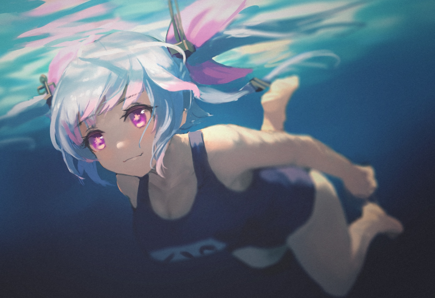 anthropomorphism, barefoot, blue_hair, breasts, cleavage, fang, hara_shoutarou, i-19_(kancolle), kantai_collection, long_hair, purple_eyes, school_swimsuit, swimsuit, twintails, underwater, water